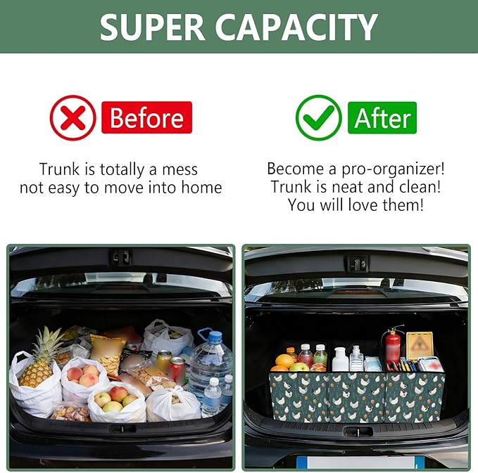 FRMG Chicken Hen Kitchen Reusable Grocery Bags,Car Organizer Storage Bag,Foldable Trunk Organizers,Large Shopping Totes Bag w
