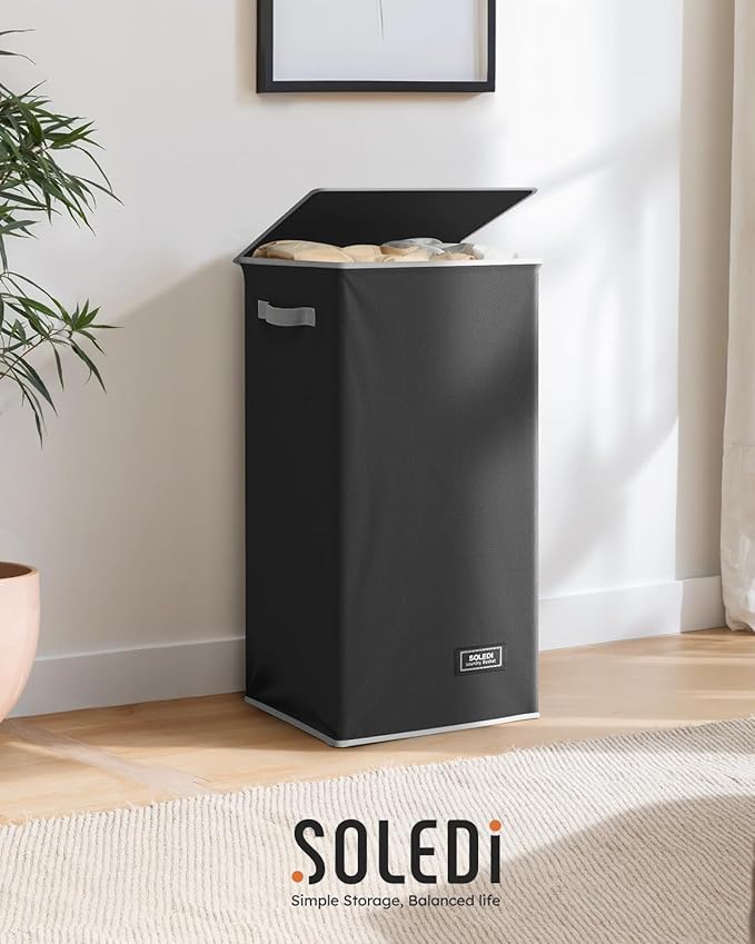 SOLEDI Slim Laundry Hamper with Lid, Narrow Laundry Basket with Removable Bags, Dirty Clothes Hamper with handle, Small Hampe