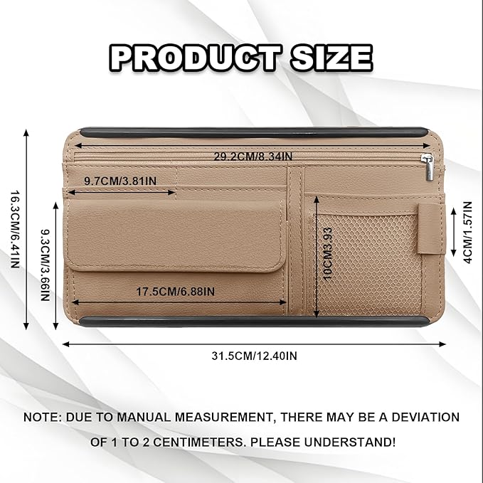Car Sun Visor Storage Bag, Soft Leather Surface Organizer, Scratch-Resistant Auto Sunshade Organizer Bag, Can Store ID Card, Eyeglasses, Pen, Driving License etc (Beige)