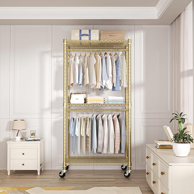 FUTASSI P1 Medium Heavy-Duty Portable Closet, 30" W x 14" D x 76" H, Metal Rolling Clothing Rack, Gold