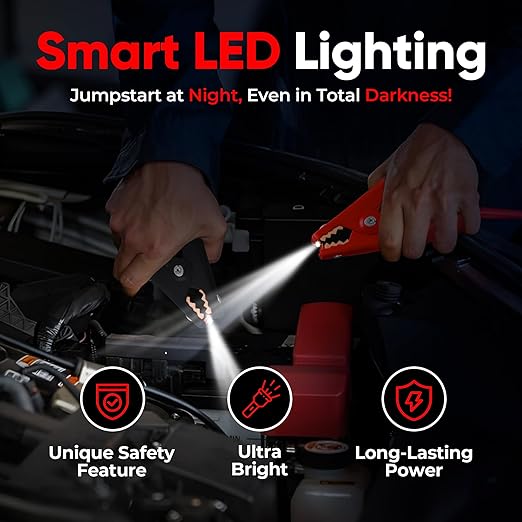 Safe Start Illumi Heavy Duty Jumper Cables Kit - 12FT, 6GA Jump Cable for Car, Truck - W/LED Indicators for Night Use, Reverse Polarity Protection, Copper Wire - Traditional Front-to-Front Design