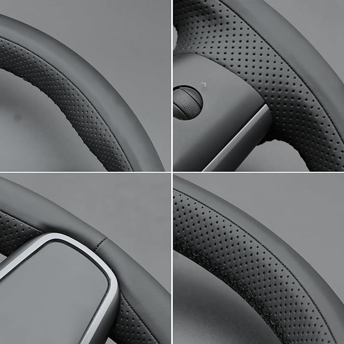MEWANT Hand Stitched Real Leather Steering Wheel Cover for Tesla Model 3 2017-2023 / Model Y 2020-2023 for Tesla Model 3/Y Accessories(3D Style)