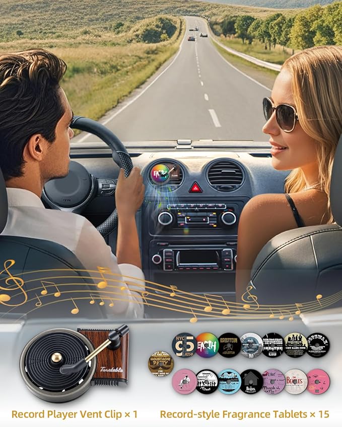 Record Player Car Air Freshener Vent Clip with 15pcs Refill Pads, Retro Black Ice Aromatherapy Diffuser for Singer Merch Gift