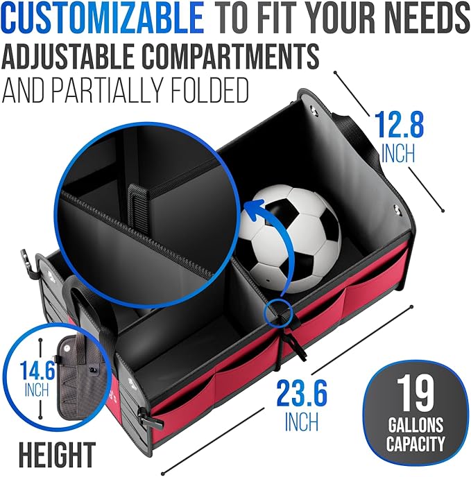 Car Trunk Organizer - Large Collapsible Storage Box with Adjustable Compartments - Heavy-Duty Cargo Organizer for SUV, Truck &