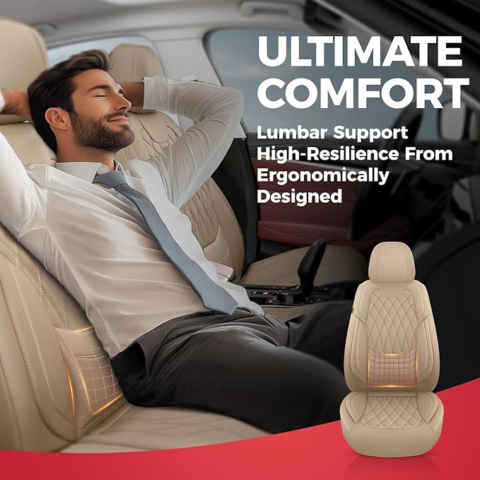 FREESOO Beige Car Seat Cover Full Set - Faux Nappa Leather Seat Covers for Cars, Ultra Breathable Waterproof Front Seats Cush