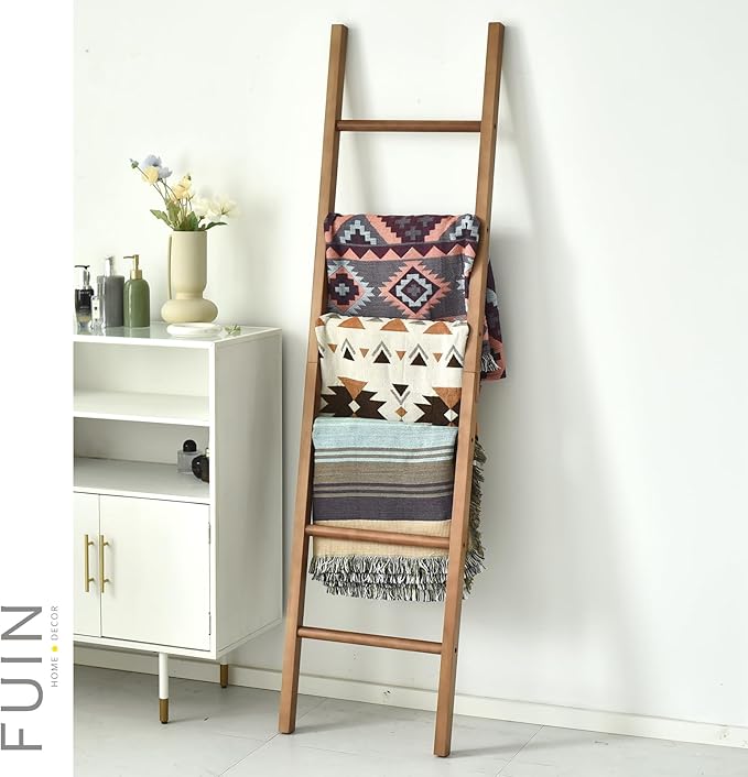 FUIN 6ft Wooden Natural Blanket Ladder Living Room Decorative Wall Leaning Farmhouse Quilt Display Holder Rustic Wood Towel R