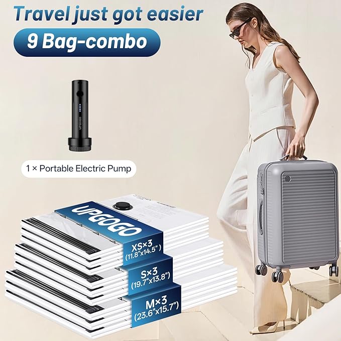 UPGOGO Travel Vacuum Bags for Luggage with Portable Electric Pump,Vacuum Seal Bags for Clothing,Packing Cubes Compression,Cru