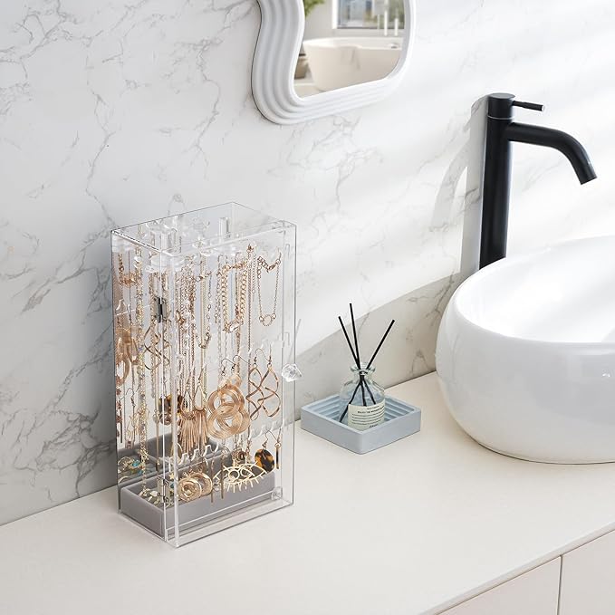 Lolalet Earring Holder Organizer, Acrylic Jewelry Organizer Rotating Clear Earrings Display Box, Dust-proof Jewelry Storage C