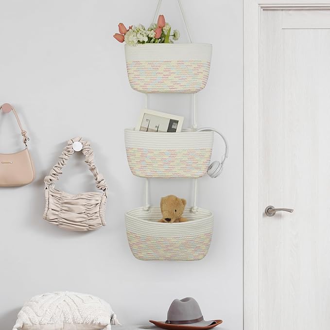 TeoKJ Over the Door Hanging Basket, 3-Tier Woven Cotton Wall-Mounted Storage Organizer Bag Decorative Hanging Nursery Baskets
