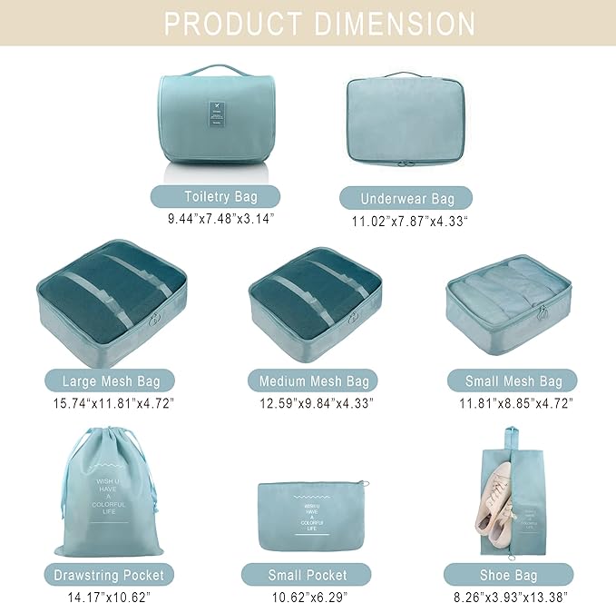 Packing Cubes, 8 Pcs Travel Packing Organizers for Suitcases, Large Capacity Travel Luggage Organizers Set includes 8 Storage