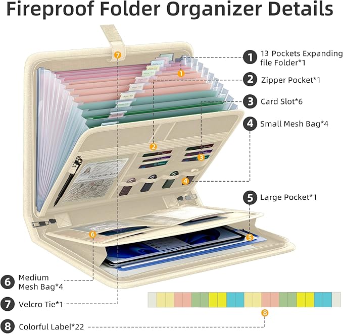 Fireproof Accordion File Organizer, Portable Expanding File Folder with Waterproof Zipper&Labels, Khaki Document Organizer wi