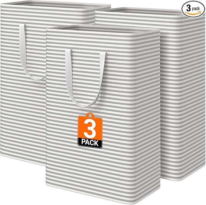 3 Pack Large Laundry Basket,Waterproof & Freestanding Laundry Hamper,Collapsible Clothes Hampers with Easy Carry Long & Reinf