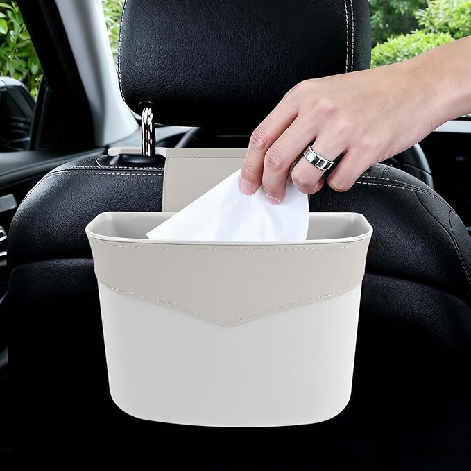 Car Trash Can for Seat Headrest, Mini Automotive Front Back Seat Garbage Can, Leakproof Vehicle Hanging Trash Cans, Multi-Purpose Auto Garbage Bin & Storage Organizer, Car Accessories (White)