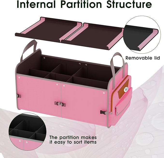 Car Trunk Organizer for SUV, 70L Heavy Duty Waterproof Trunk Organizer, Foldable Vehicle Organizer with Anti-Slip Base, 24x13.