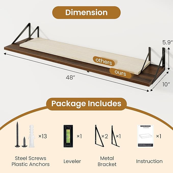 48inch Floating Shelves for Wall,10" Deep Floating Shelves with Metal Brackets,Wall Mounted Hanging Floating Shelf,Wide Displ
