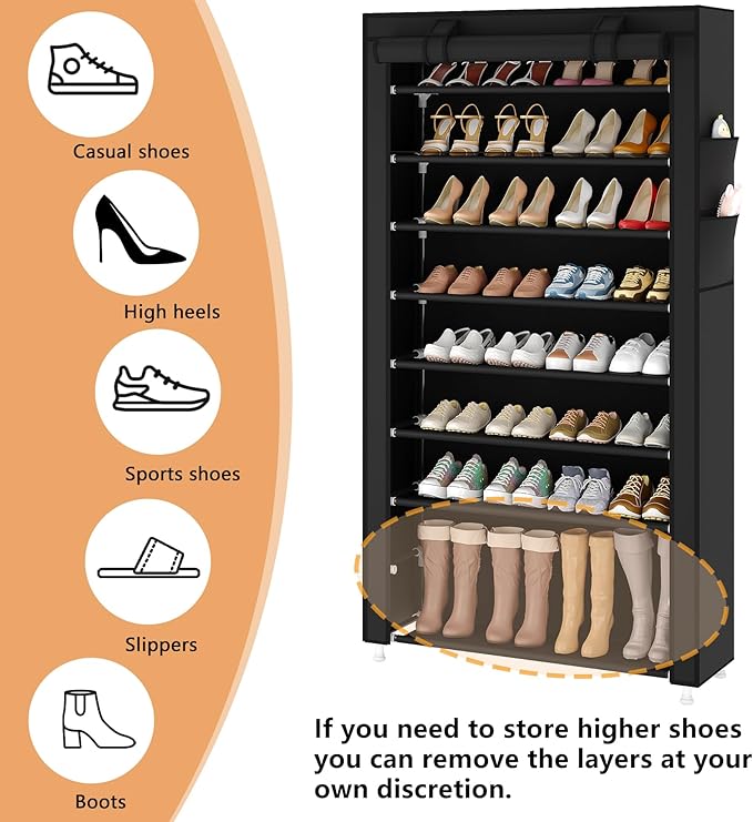 Laiensia 9-Tier Vertical Shoe Rack Organizer, Space Saving Shoe Storage Organizer, Non-Woven Cover Shoe Shelf Holds 36-45 Pai