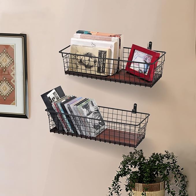 4 Set [Extra Large] Portable Metal Farmhouse Wall Decor Storage Organizer Basket Bin with Handles and Floating Shelves for Ha