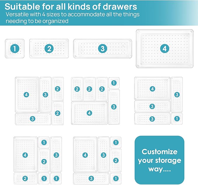 Vtopmart 25 PCS Clear Plastic Drawer Organizers Set, 4-Size Versatile Bathroom and Vanity Drawer Organizer Trays, Storage Bin