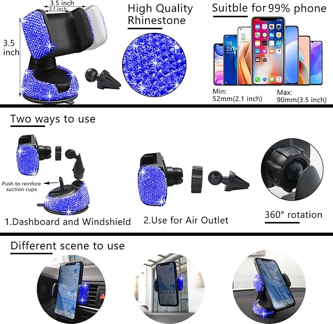 NBTEPEM 27 PCs Blue Bling Car Accessories Set for Women, Steering Wheel Covers Universal Fit 15 Inch, Bling License Plate Frame, Bling Phone Holder, Bling Car Coasters (Blue Diamond)