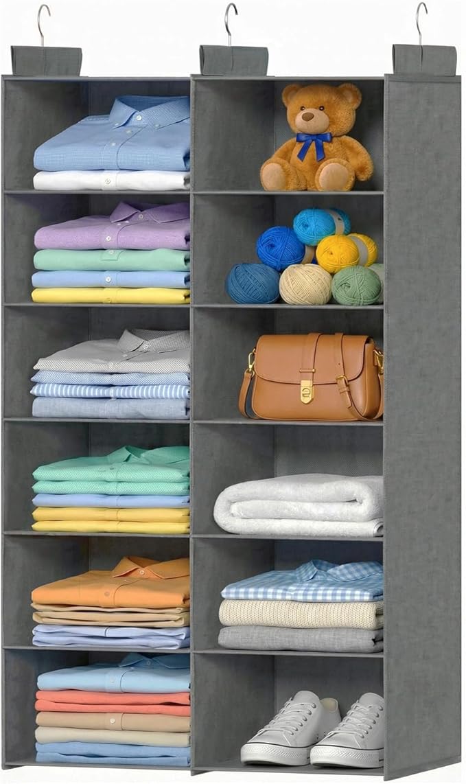 ALLTIDYUP Space-Saving Hanging Closet Storage Organizer – Dual-Row Foldable Shelves with 3 Hooks, 6-Tier Wardrobe Organizer f