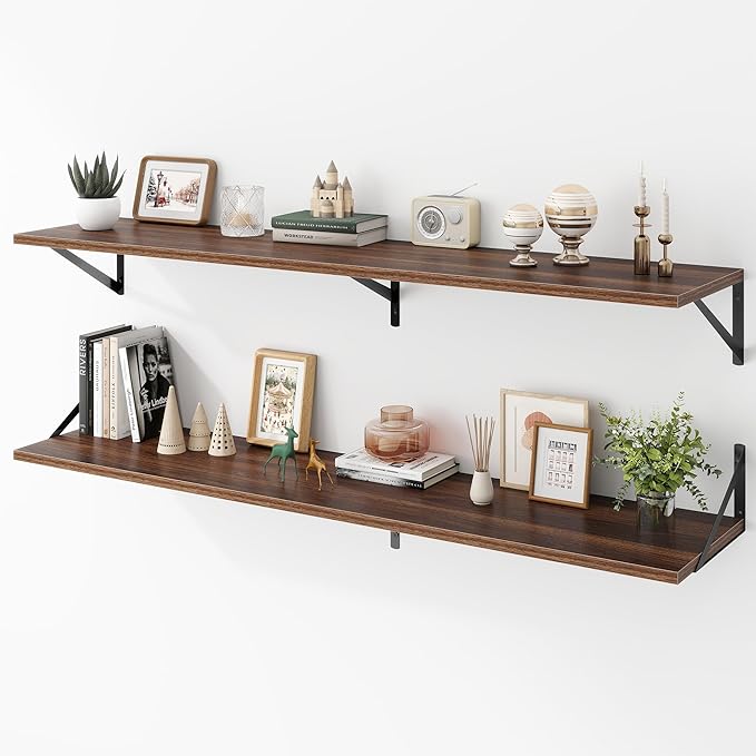 Deep Floating Shelves Wall Mounted, 55"x12" Walnut Wall Shelves with Brackets Set of 2 for Bedroom, Living Room, Bathroom, Ki