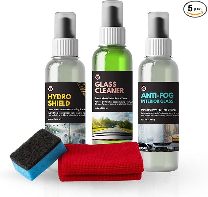BlackboxMyCar Windshield Cleaning Kit - Cleaning Kit with Hydro Shield, Anti-Fog Spray, Glass Cleaner, Microfiber Towel & Coa