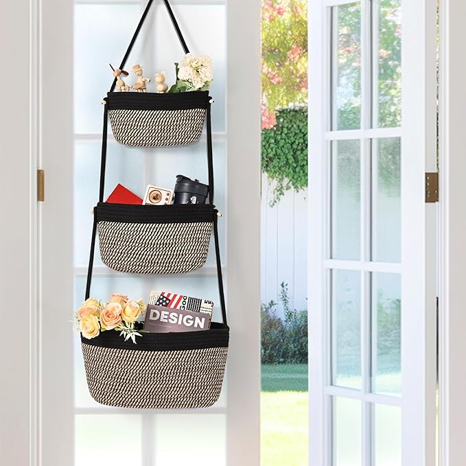 Hanging Storage Baskets, Over the Door Basket, Cotton Wall Baskets Storage, Hanging Door Basket with 4 Hooks