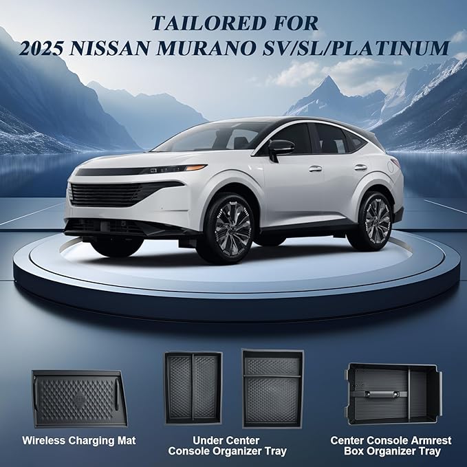 BIBIBO 4Pack for 2025 2026 Nissan Murano Center Console Organizer 2025+ Nissan Murano Console Armrest Tray+Wireless Charging Mat +Under Console Trays 2025 Murano Insert Organizer 2025 Murano