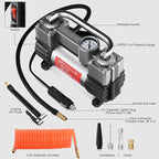 GSPSCN 6X Faster Inflation Tire Inflator Heavy Duty Double Cylinders with Portable Bag- Car Accessories，Metal 12V Air Compressor Pump 150PSI with Adapter for Car, Truck, SUV Tires, Dinghy, Air Bed