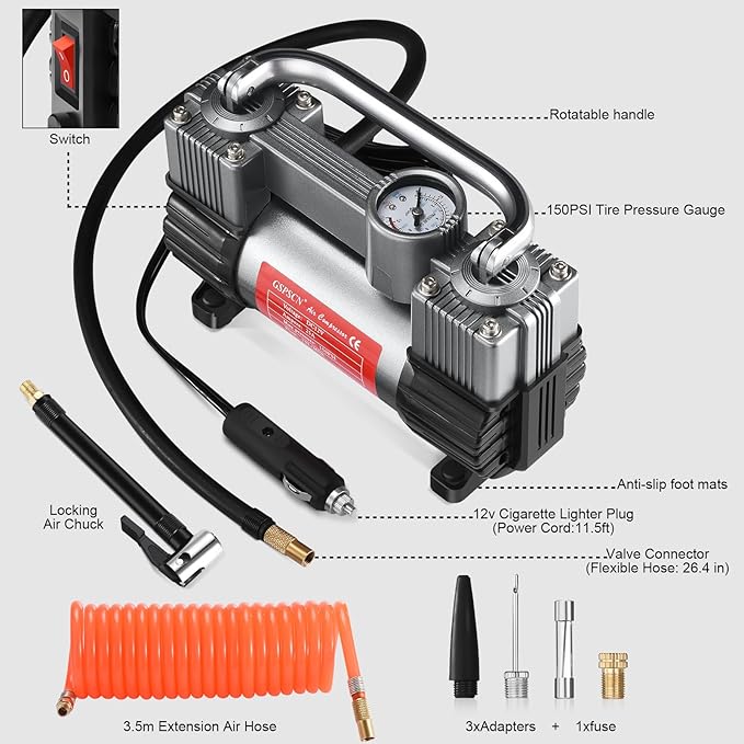 GSPSCN 6X Faster Inflation Tire Inflator Heavy Duty Double Cylinders with Portable Bag- Car Accessories，Metal 12V Air Compressor Pump 150PSI with Adapter for Car, Truck, SUV Tires, Dinghy, Air Bed