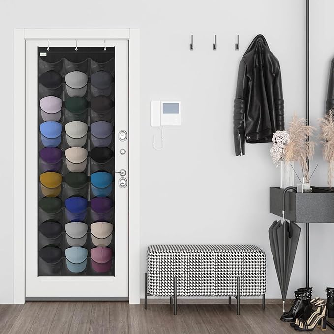 Unjumbly Baseball Hat Rack, 27 Pocket Over-The-Door Hat Organizer with Clear Deep Pockets to Display Baseball Caps Collection