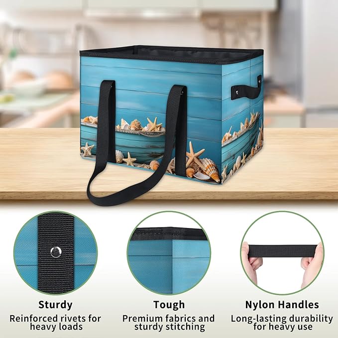 Reusable Grocery Bags Heavy Duty Shopping Bags Foldable Large Tote Bags with Long Handles & Hard Bottom