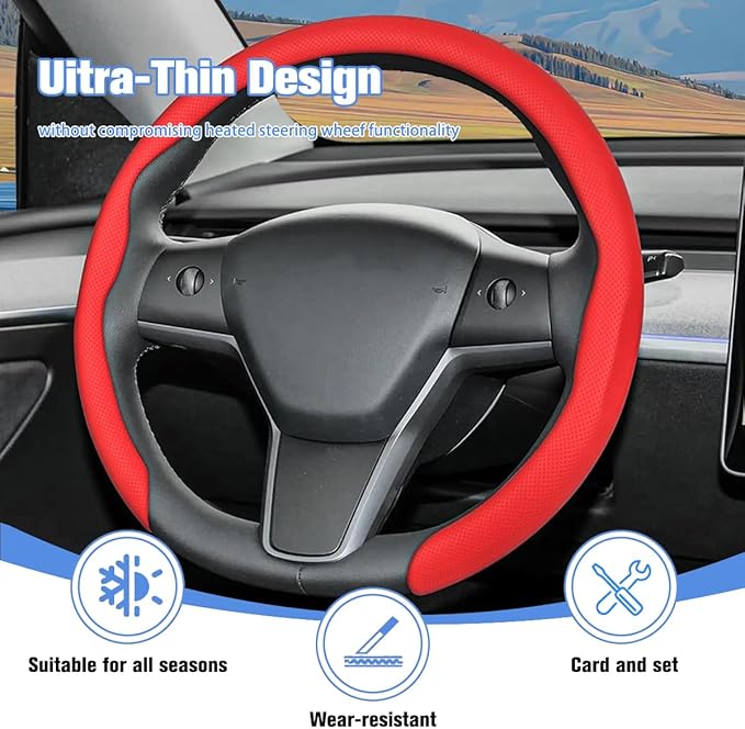 Car Nappa Leather Steering Wheel Cover, 15" Fashionable 5D Anti-Slip Vehicle Steering Wheel Protector, Breathable Auto Interi