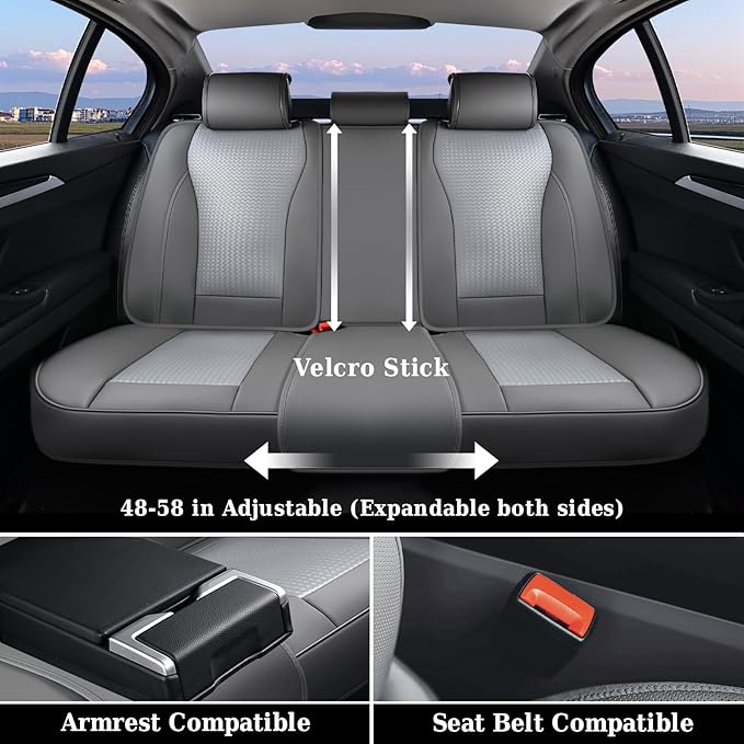 Coverado Car Seat Covers Full Set, Gray Seat Covers for Cars, Waterproof Nappa Leather Automotive Seat Covers with Lumbar Hea