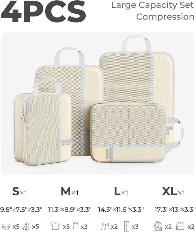 Percover Compression Packing Cubes 4-Piece Set, Packing Cubes Compression for Travel with Label Pockets, Travel Organizer for