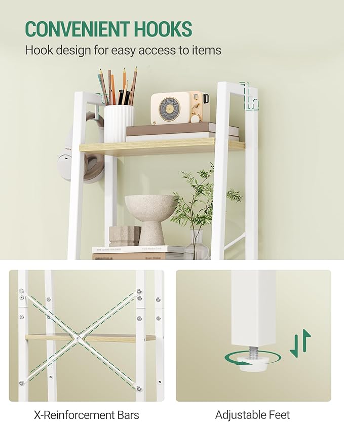 Hzuaneri Ladder Shelf, Bookshelf Bookcase, Freestanding Corner Storage Shelve with 2 Hooks for Home Office, Living Room, Kitc