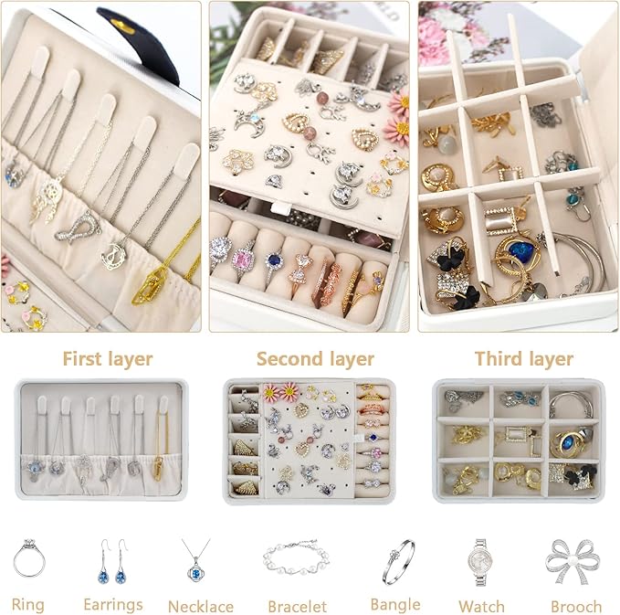 KOOAAICCHI Small Jewelry Box, Travel Jewelry Organizer, Portable Jewelry boxes for Women Girls Gift, Double Layers PU Leather