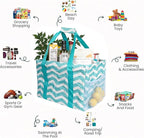 Extra Large Utility Tote Bag - Oversized Collapsible Tote with Wire Frame, Durable Reusable for Beach, Groceries, Laundry, Car Trunk, Storage and Travel - Includes 5x7 Bag with Hook - Chevron Teal