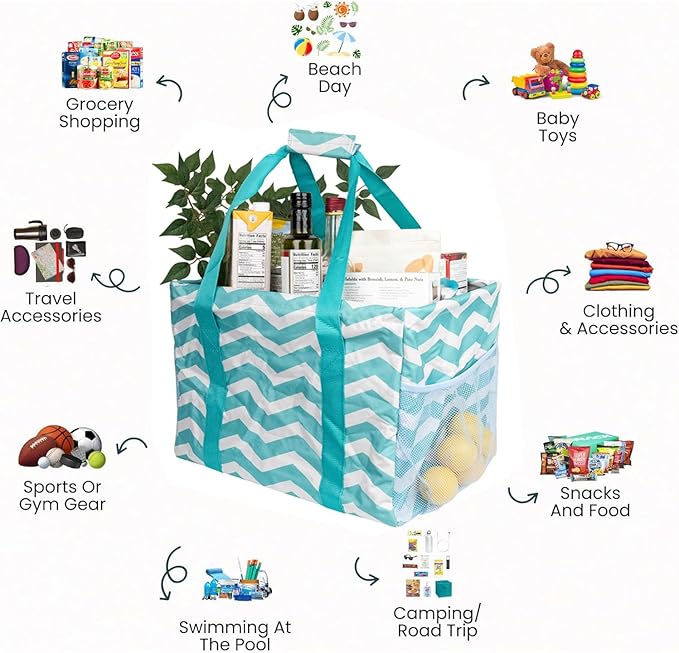 Extra Large Utility Tote Bag - Oversized Collapsible Tote with Wire Frame, Durable Reusable for Beach, Groceries, Laundry, Car Trunk, Storage and Travel - Includes 5x7 Bag with Hook - Chevron Teal
