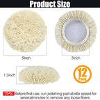 12 PCS Wool Buffing Polishing Pads 3 Inch, Natural Wool Cutting Pads with Hook and Loop Backing Compound & Polishing for Automotive Car Boats Glass Furniture Repair