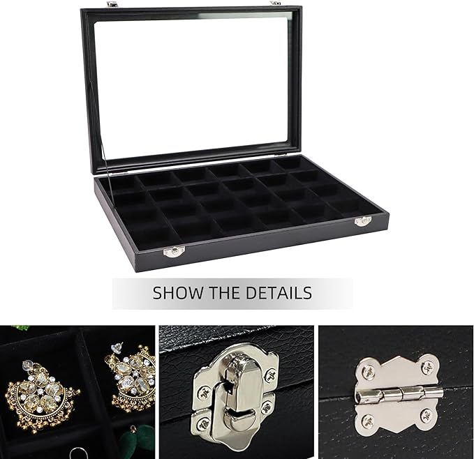 Wudygirl Jewelry Organizer 24 Grid Earring Organizer with Glass Lid Adjustable Jewelry Box Jewelry Display for Rings Necklace