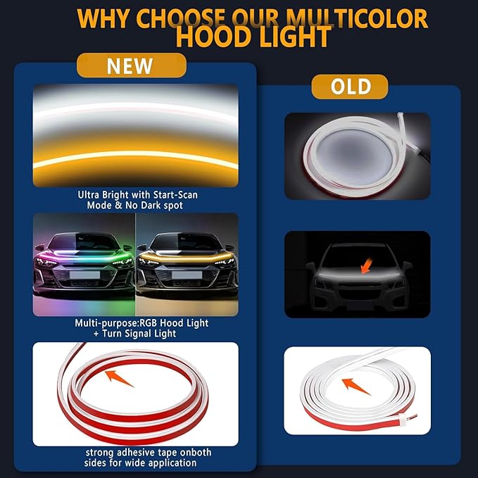 RGB Car Hood Light Strip, 79 Inches Dynamic LED Daytime Running Lights, Multicolor Dynamic Scan Start Up Sequential Turn Signal Lights for Car, Truck, SUV, App Control and Waterproof