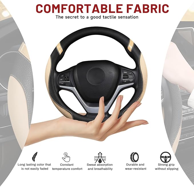 Cxtiy Pickup Truck Steering Wheel Cover – Sporty Fahsion Non-Slip Premium Leather Universal 15.5-16 Inch Steering Wheel Grip 