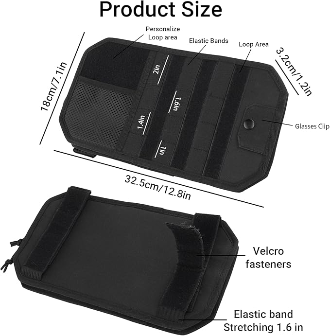 Car Sun Visor Organizer, Adjustable Straps Tactical Visor Organizers with 1000D Polyester Zipper Visor Storage Pouch & Sunglasses Holder Clip, Fits Most Vehicles, SUVs, Pockets, Trucks (Black)