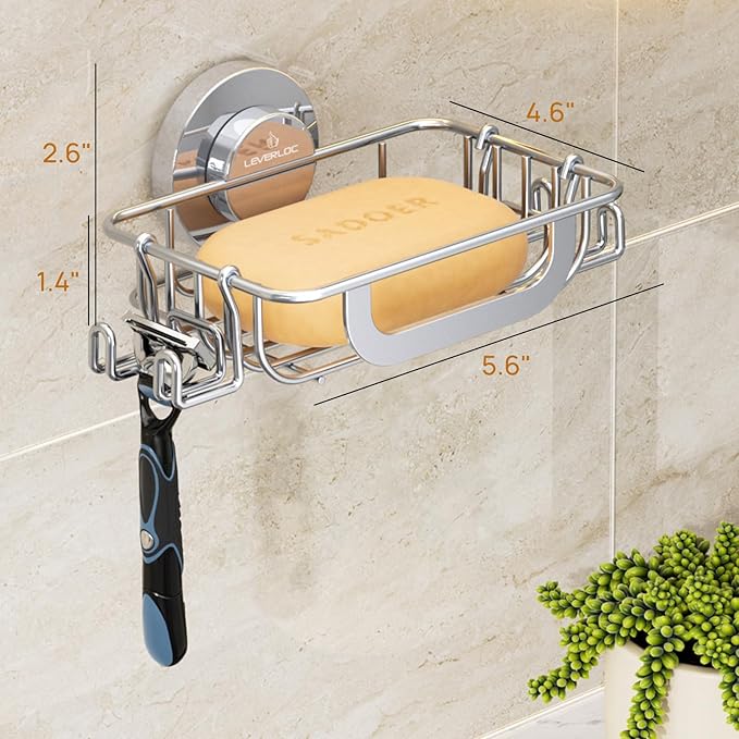 LEVERLOC Soap Holder Shower with Hooks, Bar Suction Cup Soap Dish Tray for Wall, Rust-Proof Stainless Steel Sponge Caddy for 