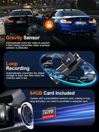 4K 3 Channel Dash Cam Front and Rear Inside, Built-in 5.8GHz WiFi GPS, 64GB Card Included, 4K+1080P+1080P Dash Camera for Car