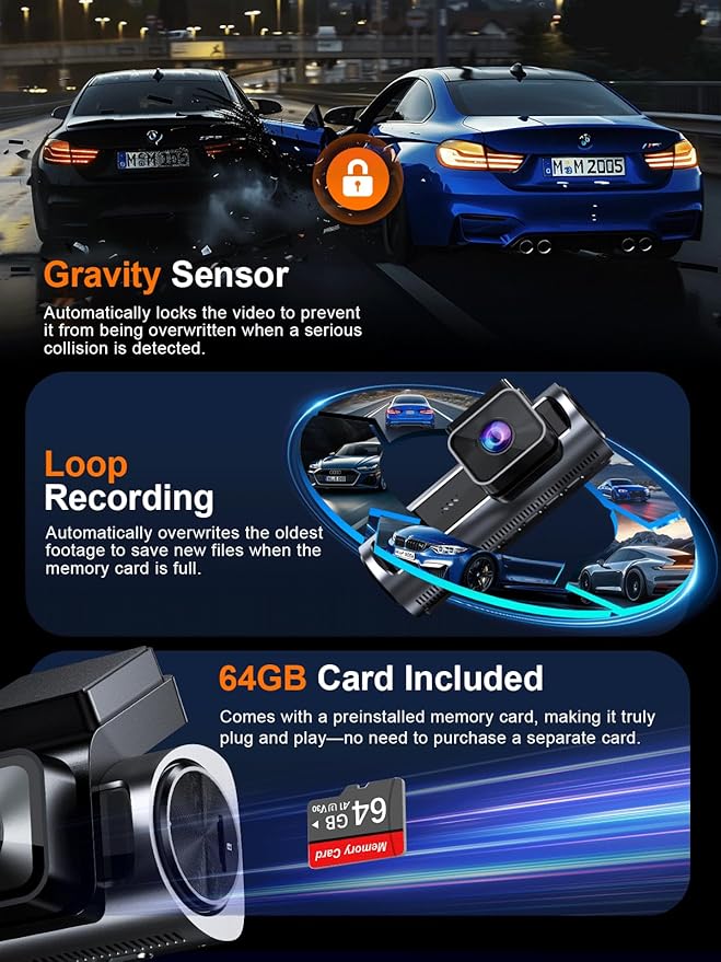 4K 3 Channel Dash Cam Front and Rear Inside, Built-in 5.8GHz WiFi GPS, 64GB Card Included, 4K+1080P+1080P Dash Camera for Car