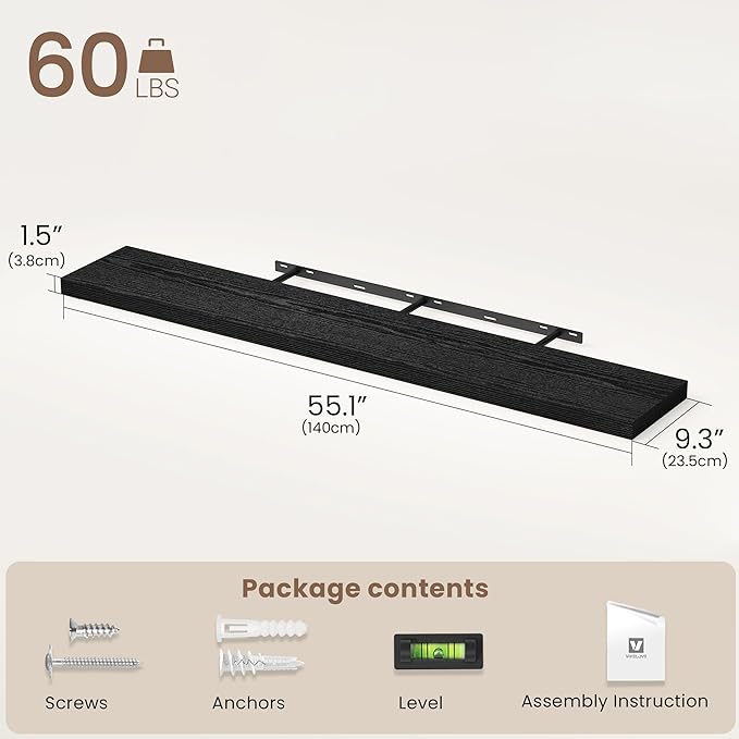 Vivelove 55 Inch Floating Shelves, Deep Wall Shelves with Invisible Brackets, Display Shlf for Bathroom Living Room Kitchen B