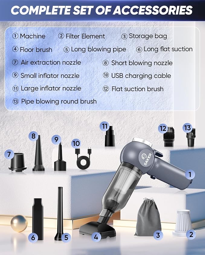 Saker 6 in 1 Car Vacuum Cleaner, 20000PA Handheld Vacuum Cordless Rechargeable 7800mAH with Type-C Reverse Charging, Window B