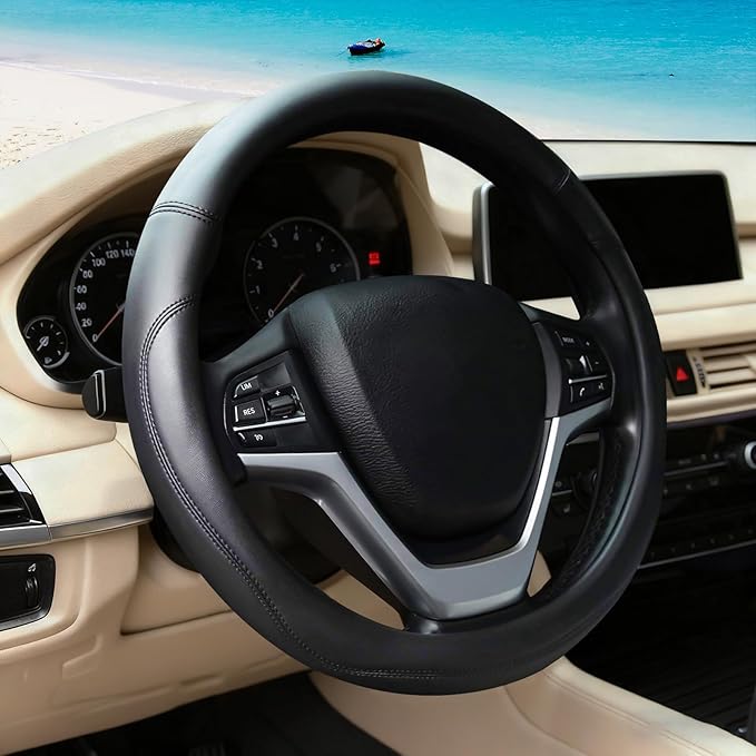 Black Car Steering Wheel Cover, Nappa Leather, Bottom Color Blocking, Fashionable Sporty Style, Universal 14.5-15 Inch Leathe